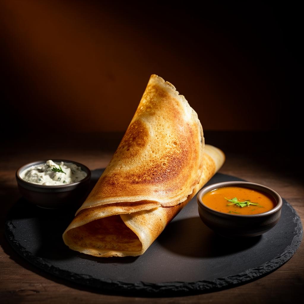 Crisp golden dosa with sambar and chutney at Komala Vilas