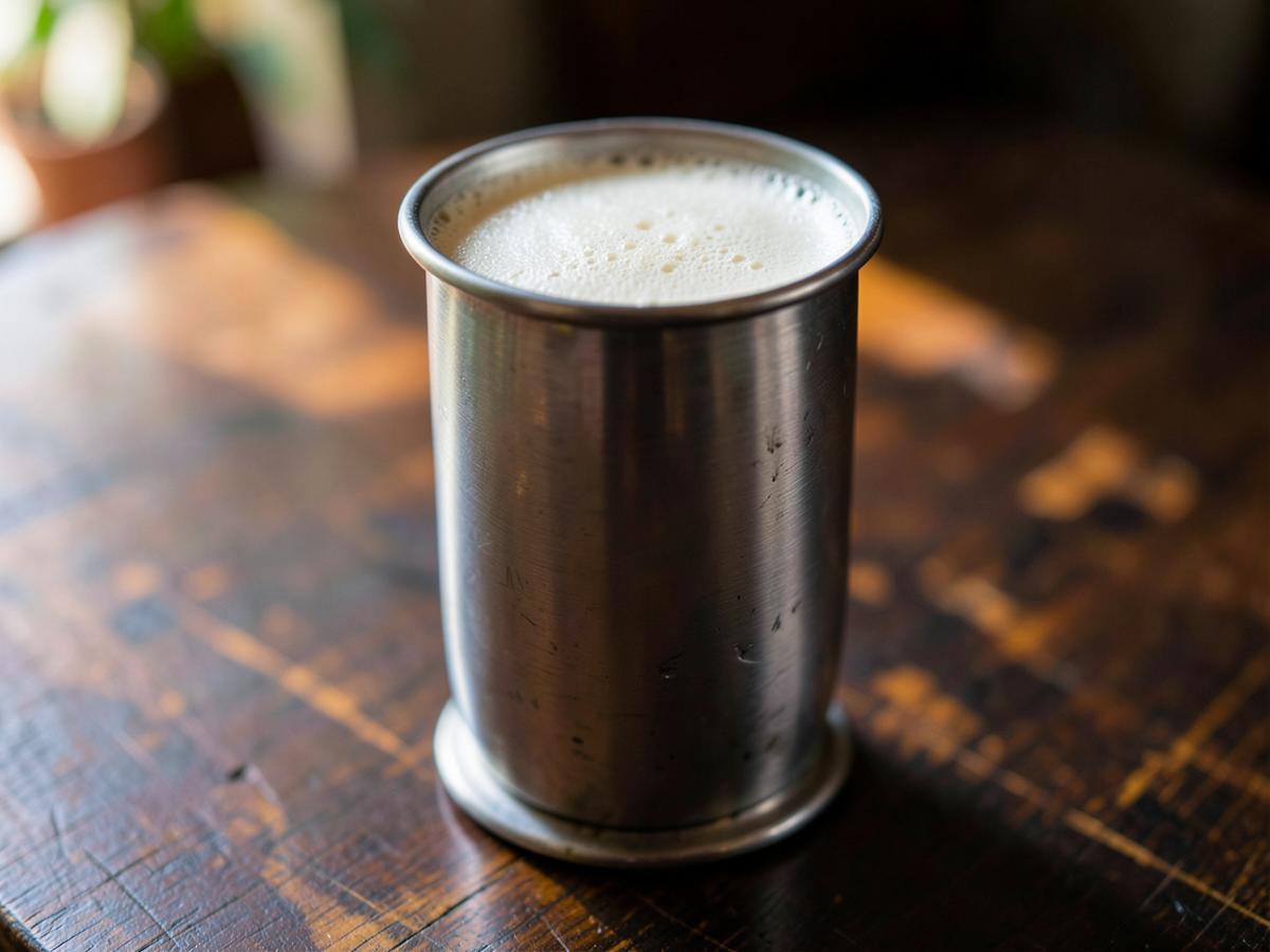 South Indian filter coffee in a steel tumbler